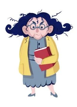 Cartoon image of funny angry old woman in grey dress and yellow blouse, with  Stock Illustration