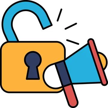 A cartoon image of a lock with a key and a microphone Stock Illustration