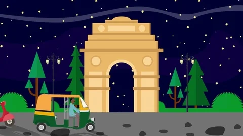 Cartoon India Gate in Delhi at Night with Rickshaws Passing by Stock Footage