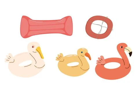 Cartoon Inflatable pool float set. Summer beach accessories in retro style. Stock Illustration