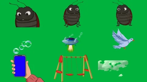 Cartoon insect green background bug screen water droplets spaceship flying. Stock Footage 310562789