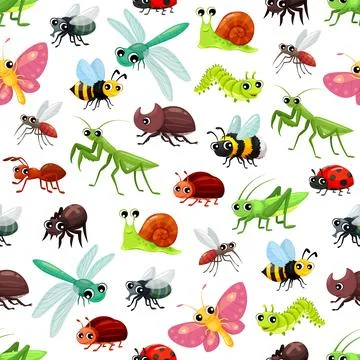 Cartoon insects seamless pattern, butterfly, bugs 스톡 일러스트