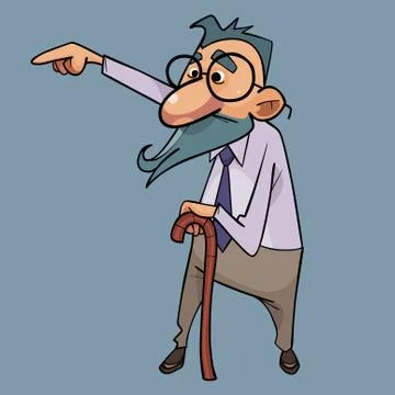 Cartoon intelligent elderly man with a stick points a finger Stock Illustration