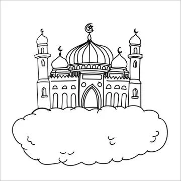 Cartoon Islam Mosque on Cloud-Vector Sketch Stock Illustration