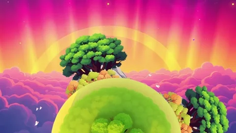 Cartoon Island Surrounded by Clouds, Trees, Rocks and Birds on Planet Landscape Stock Footage 304101518