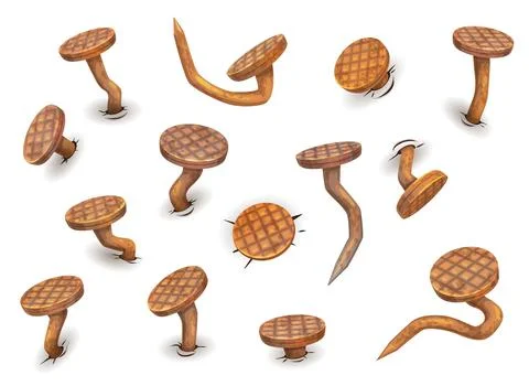 Cartoon isolated rusty bent nails and hobnails Ilustración de archivo
