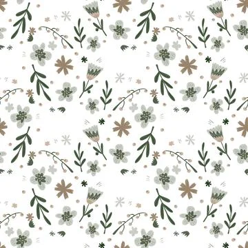 Cartoon isolated seamless pattern with green leaf shapes and flowers print. W Stock Illustration