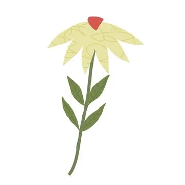 Cartoon isolated vector drawing of a flower with green leaves and yellow pe.. Stock Illustration