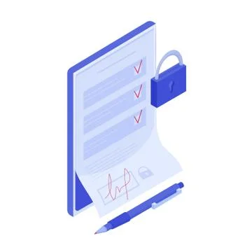 Cartoon isometric smart contract vector graphic illustration. Digital technology Ilustración de archivo