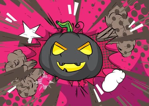 Cartoon Jack O' Lantern, comic book Halloween Pumpkin. Retro vector comics .. Illustrazione stock