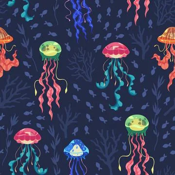 Cartoon jellyfish seamless pattern. Bright glowing ocean animals, transparent Stock Illustration