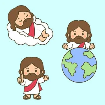 Cartoon Jesus with Earth, Sleeping on Cloud, and Thumbs Up Gesture Stock Illustration