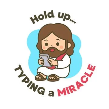 Cartoon Jesus Typing on Tablet with Text Typing a Miracle Illustration