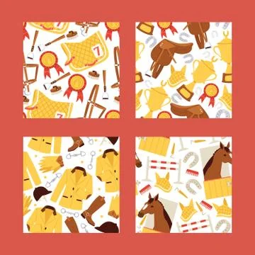 Cartoon jokey seamles pattern vector illustration. Horse in stable, saddle Stock Illustration
