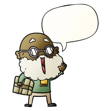 Cartoon joyful man and beard and parcel under arm and speech bubble in smooth Ilustração Stock