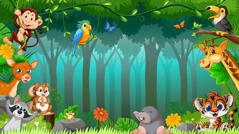 Cartoon Jungle Animal Frame with Monkey Tiger Giraffe and Forest Copy Space Stockillustratie