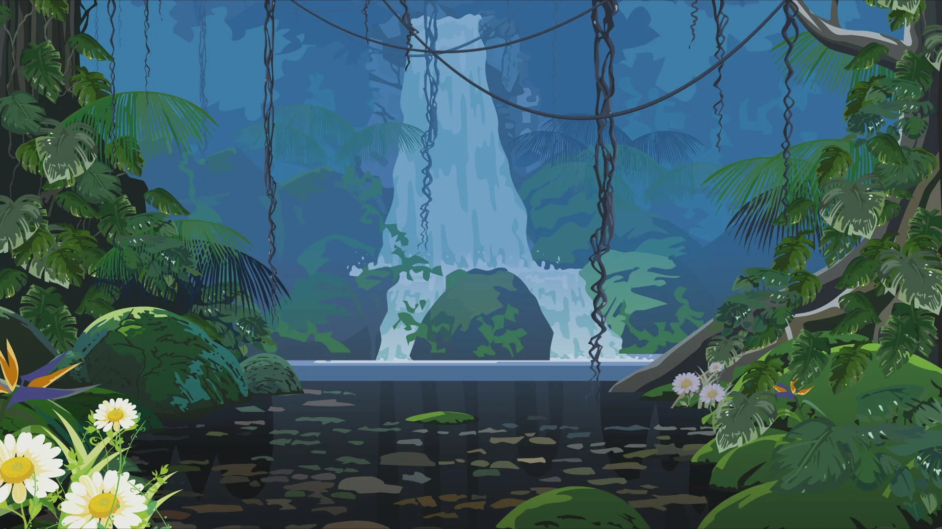 Cartoon jungle background with waterfall | Stock Video | Pond5