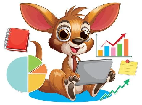 Cartoon Kangaroo Business Character Using Tablet with Financial Data Charts Stock Illustration