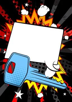 Cartoon Key with blank speech bubble, comic book safety background. Retro v.. Illustrazione stock