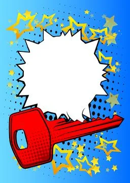 Cartoon Key with blank speech bubble, comic book safety background. Retro v.. イラスト素材