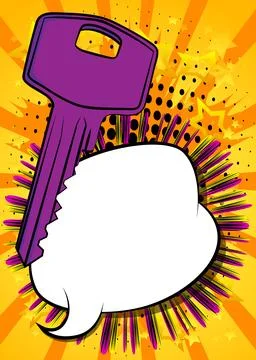 Cartoon Key with blank speech bubble, comic book safety background. Retro v.. 库存插图