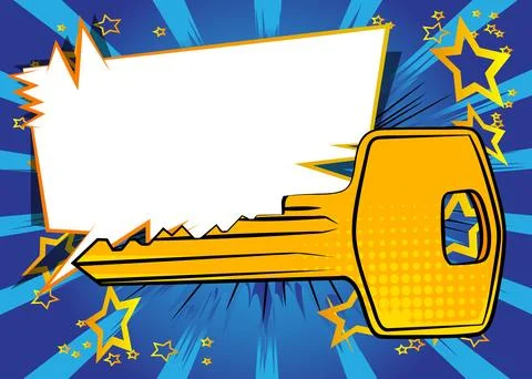 Cartoon Key with blank speech bubble, comic book safety background. Retro v.. イラスト素材