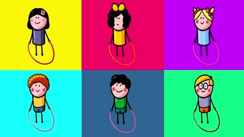 Cartoon kid characters with skipping rope on color background Stock Footage 202203438