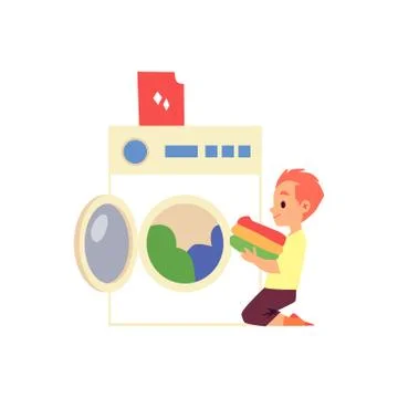 Cartoon kid loading the washing machine - cute boy child with laundry clothes Stock Illustration