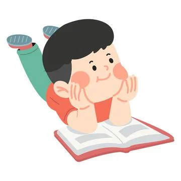 Cartoon kid lying down reading a book Illustrazione stock