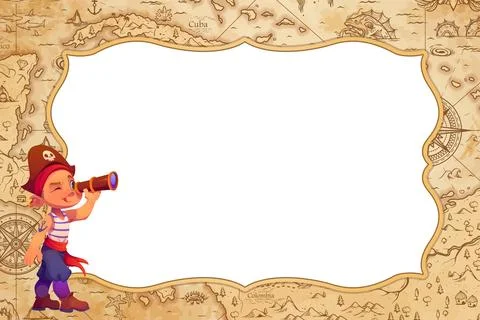 Cartoon kid pirate with map background frame Stock Illustration