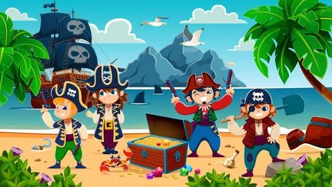 Cartoon kid pirates or corsairs on tropical island Stock Illustration