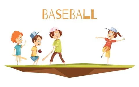 Cartoon Kids Playing Baseball Vector Illustration Stock Illustration