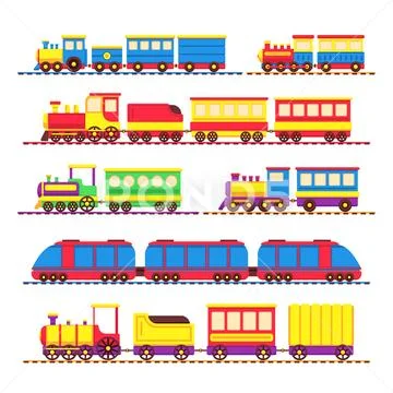 Cartoon kids toy trains, locomotive and wagons vector set: Graphic ...