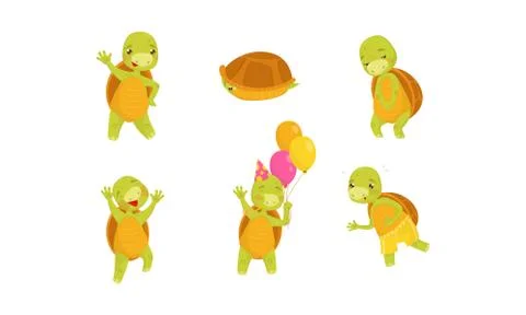 Cartoon Kids Turtle Character Vector Illustrated Set Stock Illustration