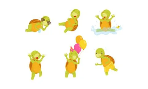 Cartoon Kids Turtle Character Vector Illustrated Set Stock Illustration