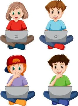 Cartoon Kids Using Laptops for Online Learning Ilustração Stock