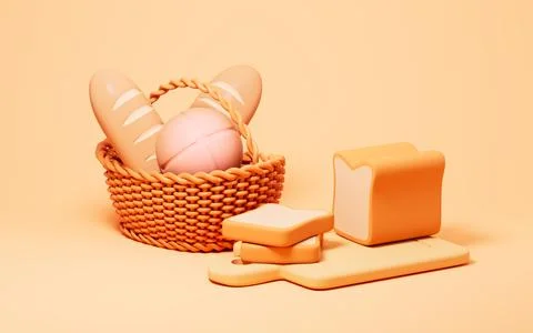 Cartoon kinds of breads in the yellow background, 3d rendering. Illustrazione stock