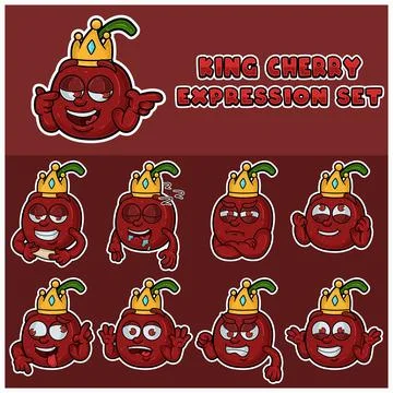 Cartoon of King Cherry Expression Set With Crown. Stock Illustration