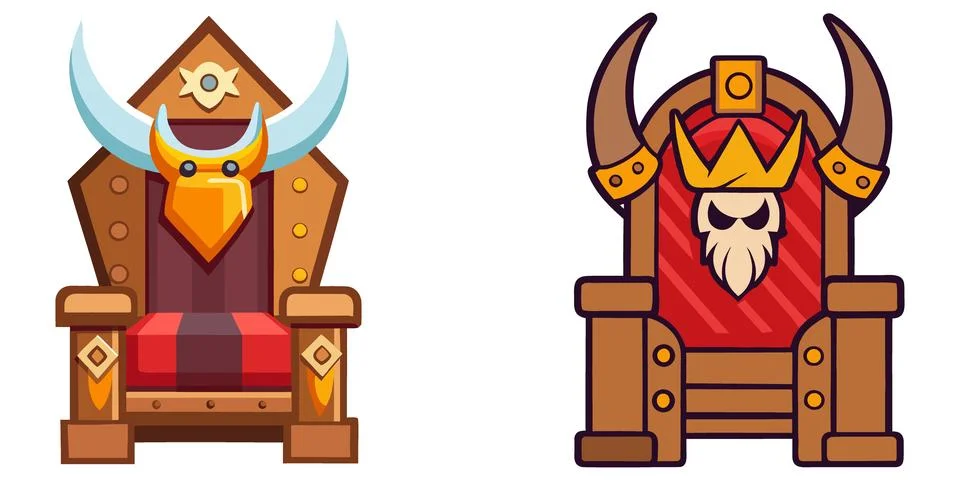Cartoon king thrones featuring horned backs for fantasy game character. Stock Illustration