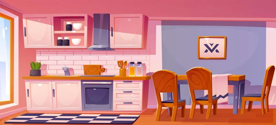 Cartoon kitchen interior with table in vector Illustrazione stock
