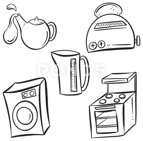Cartoon Kitchen Logo Vectors of Cooker, Kettle, Toaster and Washing Machine Stock Illustration