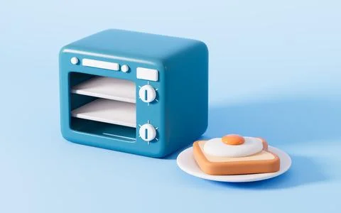Cartoon kitchen oven and bread in the blue background, 3d rendering. Stock Illustration