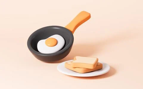 Cartoon kitchen pan and bread in the yellow background, 3d rendering. Stock Illustration