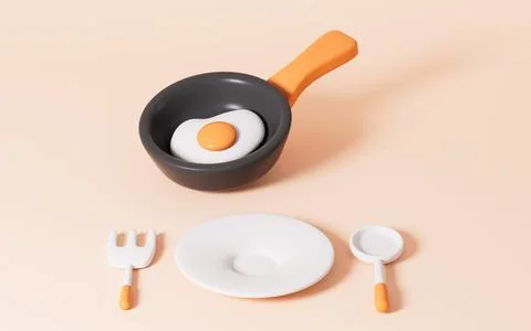 Cartoon kitchen pan and tableware in the yellow background, 3d rendering. Stock Illustration