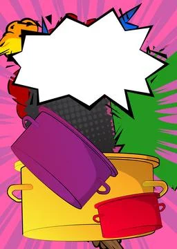 Cartoon Kitchen Pot with blank speech bubble, comic book Food background. R.. Stock Illustration