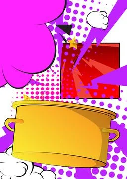 Cartoon Kitchen Pot, comic book Food. Retro vector comics pop art design. Stock-Illustration