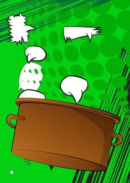 Cartoon Kitchen Pot, comic book Food. Retro vector comics pop art design. Stock-Illustration
