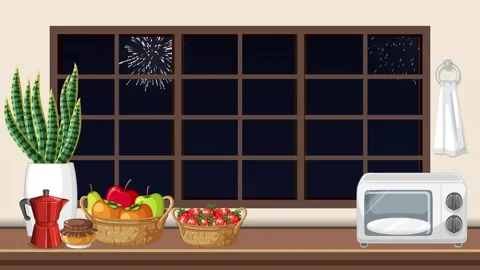 Cartoon Kitchen Window View of White Fireworks in Night Sky Stock Footage 344931264