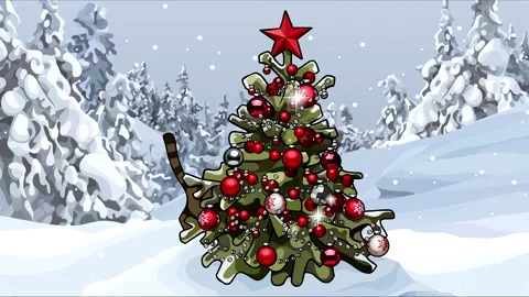 A cartoon kitten walks through the winter forest past the Christmas tree 動画素材 231479094