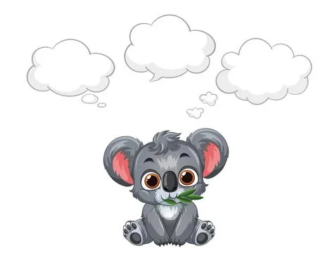 Cartoon Koala Character Thinking with Empty Speech and Thought Bubbles Stock Illustration
